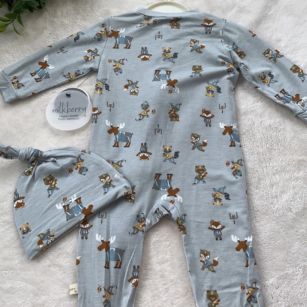 NWT Milkberry Animal Football Gray Footie w/ Beanie Hat Set 6-9M Bamboo